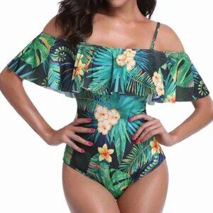 Boutique Green Yellow Tropical Floral Off-Shoulder Swimsuit